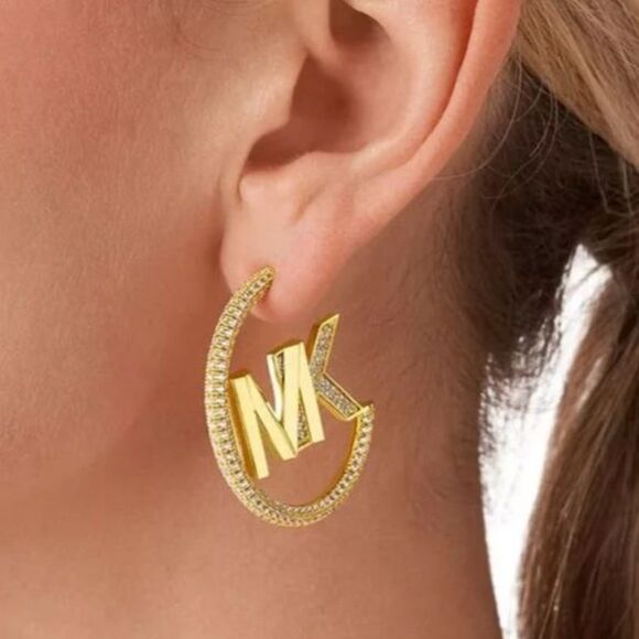 Michael Kors Premium MK Pavé Logo Hoop Earrings, Precious Metal-Plated - Picture 2 of 4